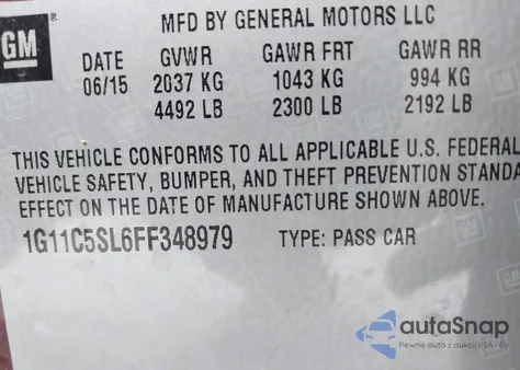 2015 Chevrolet Malibu 1Lt из США, поврежденный, VIN 1G11C5SL6FF348979